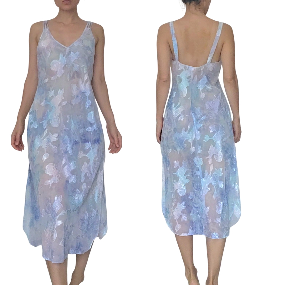 Vintage California Dynasty Light Blue Iridescent Floral Pastel Night Gown Size M